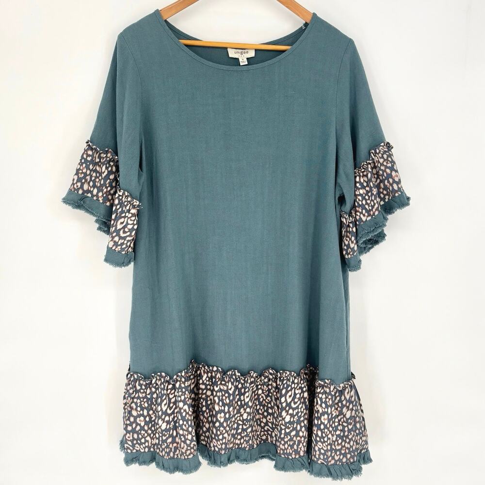 Umgee Blue Linen Blend Oversized Ruffle Dress Size M